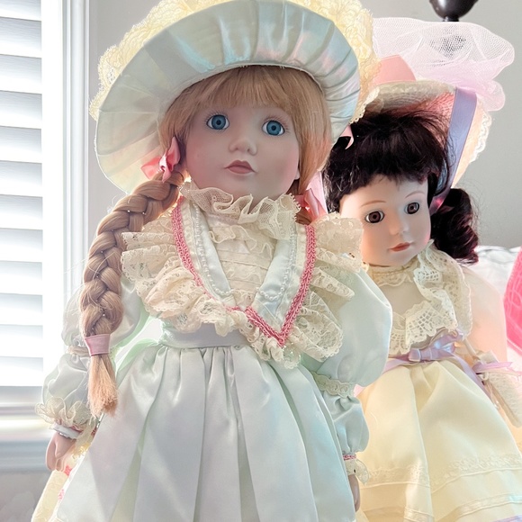 Porcelain Doll, with Satin Dress, and Hat. - Picture 2 of 7